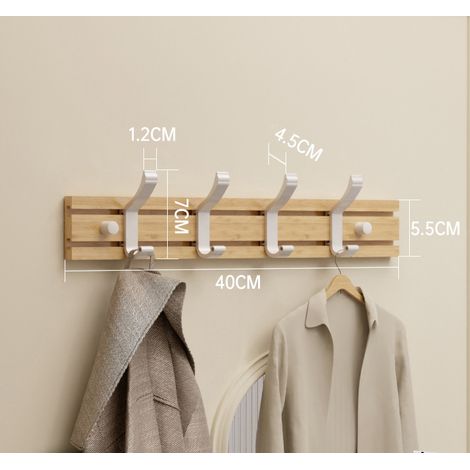 Perchero de pared de bambú blanco con 4 ganchos adhesivos, ideal para la entrada y el dormitorio.