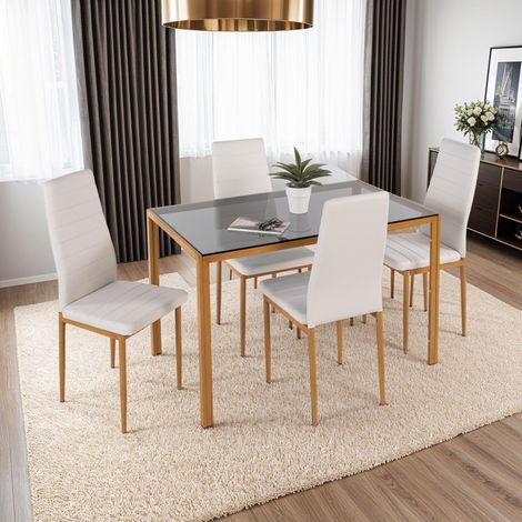 Table à manger en verre trempé gris + 4 chaises en PU blanc - MIRLEY