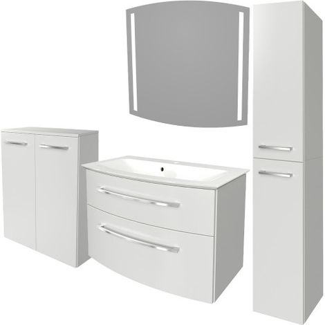 Fackelmann B.STYLE Badmöbel Set mit Waschbecken mit Unterschrank 80 cm breit – LED-Spiegel – Doppel-Midischrank und schmaler Hochschrank in Weiß – Badspiegel mit Beleuchtung"-"90204145 (1/5)