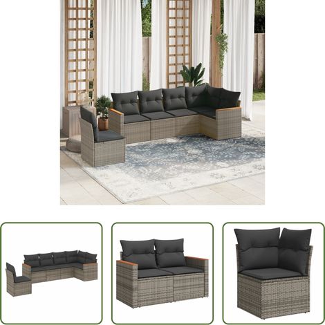 Terrassensofa - 6-tlg. Garten-Sofagarnitur mit Kissen Grau Poly Rattan (1/5)