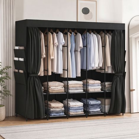 Stoff-Kleiderschrank, staubdicht, tragbar, 5 Kleiderstangen, 212 x 45 x 167 cm, Schwarz (1/5)
