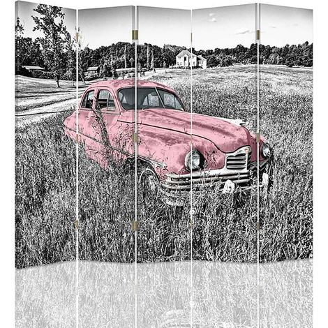 Paravent Voiture Vintage Rose pour Décoration Champêtre - 180 x 180 cm - 1 face déco, 1 face noir (1/5)