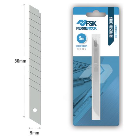 Ferrestock FSKTWR009B blíster con dispensador de 10 cuchillas de recambio para cúter de 9mm, afilado de precisión para cortar de forma limpia y profesional cualquier material