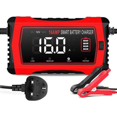 Chargeur de batterie de 16 A, chargeur de batterie au lithium LiFePO4 12 V 24 V pour voiture, camion, tondeuse à gazon, bateau