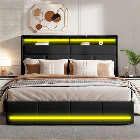 Bett 160x200 cm, Bett mit Stauraum 160x200 cm, Doppelbett, Stauraum, LED-Beleuchtung, Lattenrost inklusive, Bettgestell für Erwachsene, Schwarz
