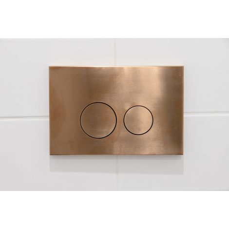 Plaque de commande WC métal cuivre – pour réservoir encastré Geberit UP320 – double chasse – boutons ronds – dimensions 24.4x16.2cm – Qeramiq (1/5)