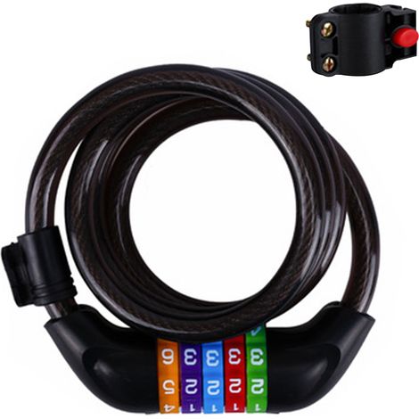 Antivol de vélo, câble antivol enroulé de 1,2 m, sécurisé, à combinaison réinitialisable, avec support de fixation, diamètre 14,1 cm (1/4)