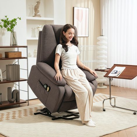 Fauteuil releveur électrique inclinable avec repose-pied et télécommande. tissu polyester aspect lin marron (1/5)