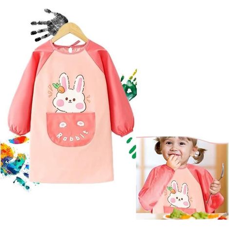Tablier de peinture pour enfants avec poche,motif de lapin à longues oreilles,Réglables imperméable et résistant à la saleté (rouge) (1/4)