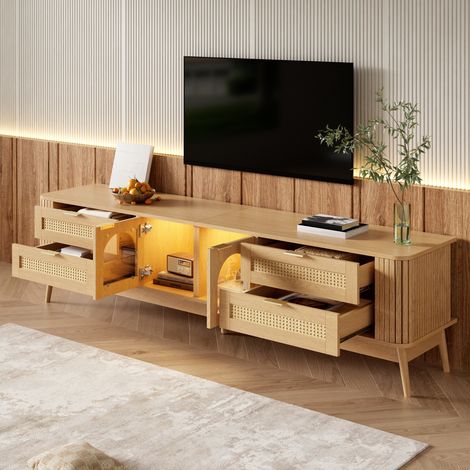 Meuble TV 180cm Bois avec LED App, Buffet Bas 4 Tiroirs et Portes Verre Trempé, Meuble de Salon Robuste Pieds Bois Massif Classique (1/5)