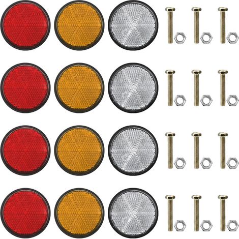 12 riflettori rotondi, diametro 60 mm, in 3 colori. Riflettori rotondi avvitabili con viti e dadi M5 per rimorchi, camion e roulotte. 4 rossi, 4 gialli, 4 bianchi