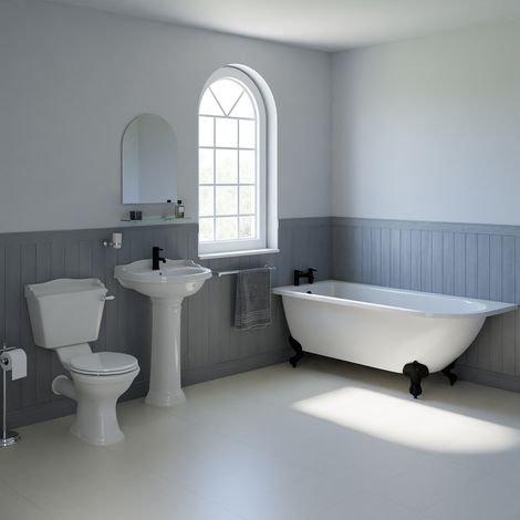 Wholesale Domestic Regis White 600mm Basin and 1700mm Left Hand Freestanding Shower Bathroom Suite with Matt Black Claw Feet (1/4)