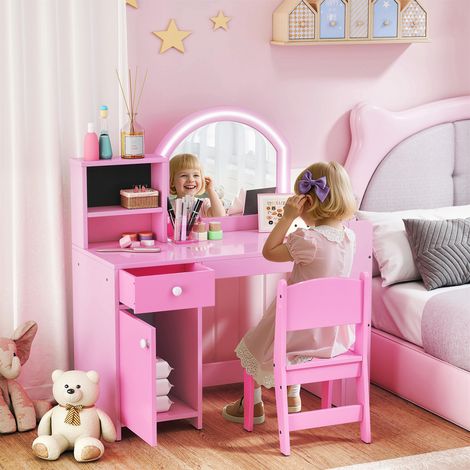 Ensemble coiffeuse enfant 2 en 1 avec miroir, chaise, lumière LED, armoire, étagères et bibliothèque. Rose