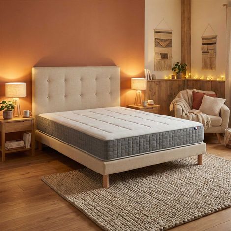 Ensemble matelas ressorts 7 zones H28 sommier et tete de lit capitonnee beige 160 x 200 (1/5)