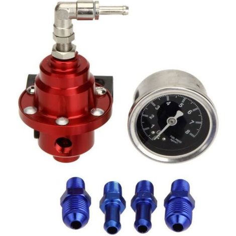 Régulateur de pression de carburant réglable –Compatible jusqu'à 450 CV– Raccords cannelés 8 mm – Jauge intégrée pour réglage précis