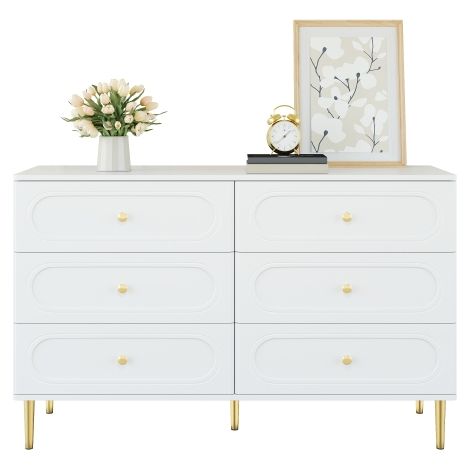 Credenza, cassettiera con 6 cassetti, nicchie ovali, piedini in metallo, mobile contenitore moderno per il soggiorno. (1/5)