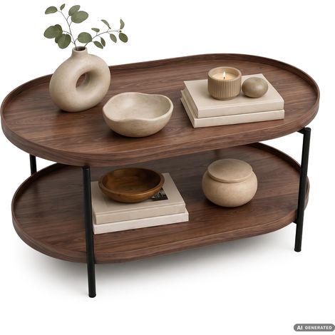 Loft Couchtisch CORTADO 90 cm oval mit Ablage Walnuss schwarze Beine (1/5)