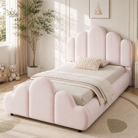 Lit enfant 90x200 cm, design nuage, en velours, rose, sans matelas (1/5)