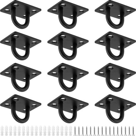 Lot de 12 Crochets Plaque à Œillets en Acier Inoxydable - 4 Trous - 38x47mm - Noir - Pour Fixation Murale et Plafond - Suspension Lustres, Hamacs, Balançoires (1/5)
