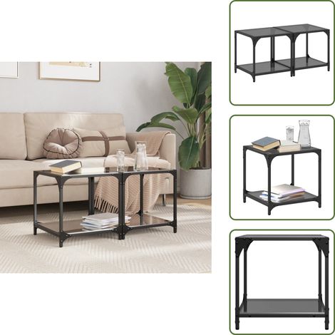 The Living Store Couchtische mit Glasplatte 2 Stk. Schwarz 40x40x40 cm Stahl - Schwarze Couchtische - Couchtisch Set - Glastisch - Wohnzimmertisch - Side Table (1/5)
