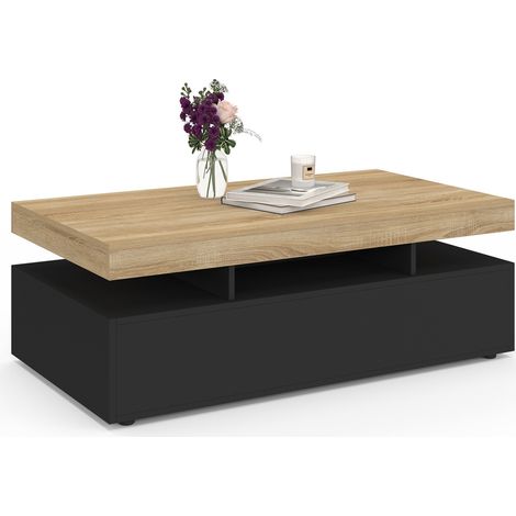 Mesa de centro rectangular ELSA de 2 cajones en madera negra con tablero de aspecto haya