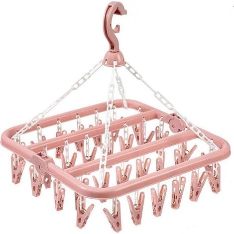 Portant à vêtements suspendu avec 32 pinces roses, résistant au vent, pour chaussettes/sous-vêtements (1/5)