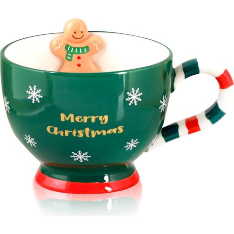 Mug de Noël en céramique verte de 473 ml (16 oz) avec bonhomme en pain d'épice 3D et anse en forme de canne à sucre, décoration flocons de neige, idéal pour le café, le thé et le chocolat chaud, un jo (1/5)