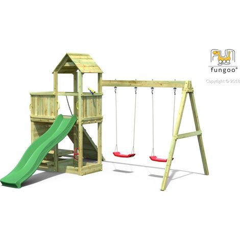 Aire de jeux FUNGOO FLOPPI avec balançoire double – Mur d'escalade – Toboggan vert 2,2 m – Bois en pin traité FSC – Pour enfants à partir de 3 ans – Playtown (1/7)