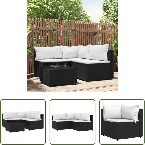 Canapé d'angle -  Salon de jardin 4 pcs avec coussins Noir Résine tressée (1/5)