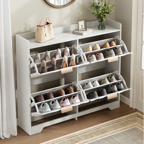 Schuhschrank aus MDF in Weiß mit 4 Klappfächern, 3D-Front und Ablage oben, 105 x 24 x 90 cm (1/5)