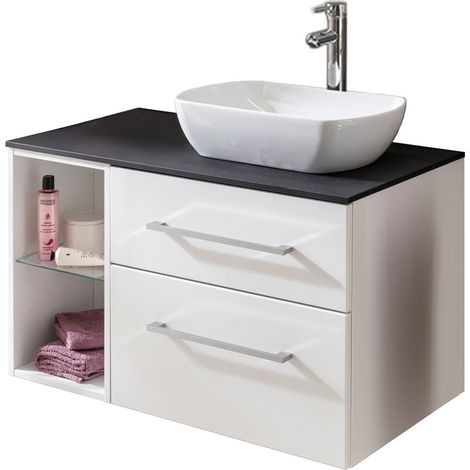 Fackelmann OXFORD Badmöbel Set 5 Teile / Waschbecken oval / Waschtischunterschrank mit 2 Schubladen / Badregal / Waschtischplatte schwarz / Armatur / Korpus & Front: Weiß / Breite ca. 90 cm"-"90006145 (1/5)