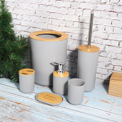 6-teiliges Badezimmer-Set mit Seifenablage, Zahnbürstenhalter, Mundspülbecher und Lotionflasche (Grau) (1/5)