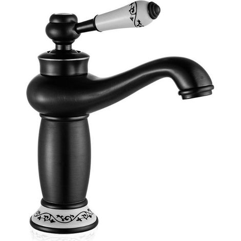 (black)With 60cm Hose,Antique Ceramic Brass Bathroom Sink Faucet Blue And White Porcelain Long Neck Vintage Kitchen Sink Mixer Tap Cold/Hot Water Tap