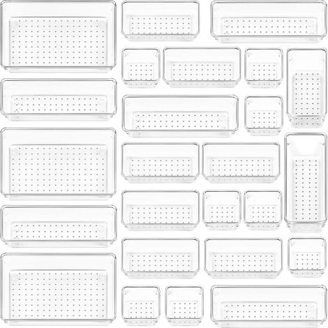 Set mit 25 Schubladen-Organizern – 4 Größen, Schubladenaufbewahrung aus durchsichtigem Kunststoff – perfekt für Badezimmer, Schminktisch, Büro, Küche