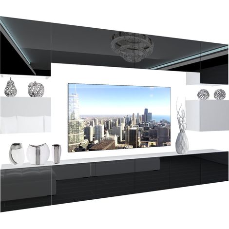 BELINI - Unité Murale TV NEX I Ensemble Muebles de Salon Complet I Ensemble Meuble TV avec Illumination LED I Dimensions: 300 x 180 x 36 cm I Coleur: Noir très Brillant/Blanc très Brillant