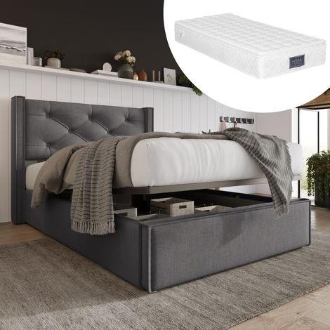 Letto singolo contenitore 90x200 cm grigio in cotone con materasso e sollevamento idraulico (1/5)