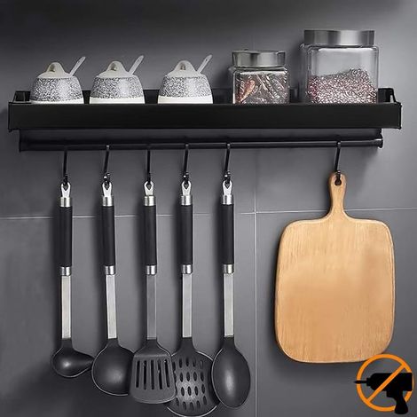 Küchenwandregal ohne Bohren, 40 cm Gewürzhalter, 6 abnehmbare Haken, ideal zur Aufbewahrung Ihrer Gewürze (1/5)