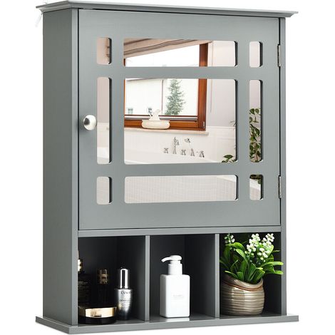 Bathroom Wall Storage Cabinet Wooden Hanging Medicine Organizer W/ Mirror Grey