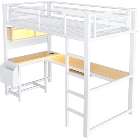 Cama alta gaming 90 x 200 cm con escritorio, LED y puertos USB, blanca (1/5)