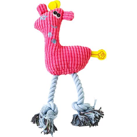 Jouet à mâcher en peluche pour animaux de compagnie, résistant aux morsures, en forme de cerf, avec corde en coton et couineur, rose rouge. Idéal pour nettoyer les dents des chats et des chiens. (1/5)