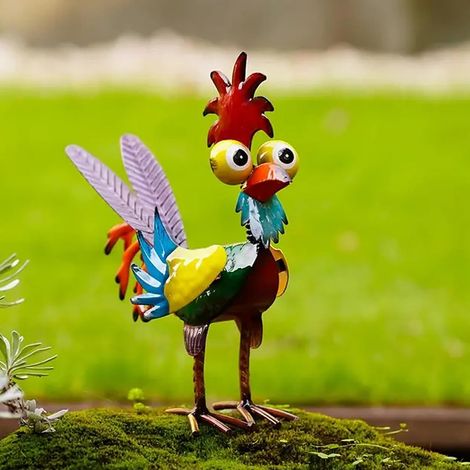 Grande statue de coq folle en métal - Décoration colorée avec animaux de ferme pour l'intérieur et l'extérieur dans le jardin, la terrasse, la pelouse ou la véranda (1/4)