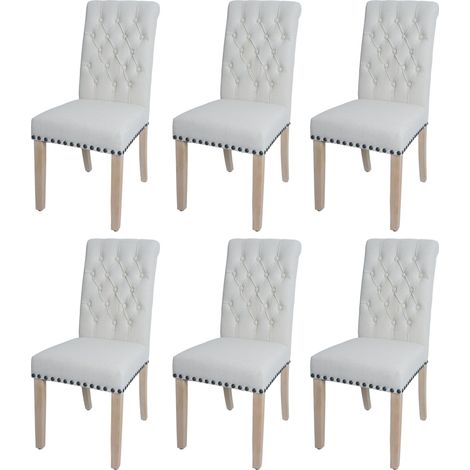 Lot de 6 chaises de salle à manger HHG-143, chaise de cuisine rembourrée, Chesterfield rivets tissu/textile, blanc