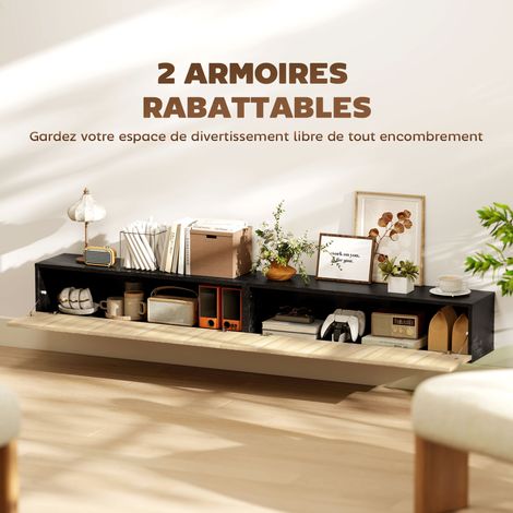 Meuble TV suspendu 140cm, meuble télé pour téléviseur 72 pouces, 2 portes rabattables, 140x25x22cm, bois naturel et noir (1/5)