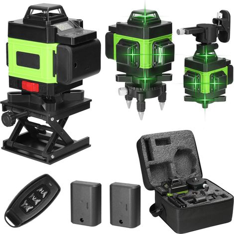 Niveau laser à 16 lignes, comprend 2 piles, une base, une plateforme élévatrice, une plaque de fer, un support mural, une télécommande, un adaptateur et d'autres accessoires. (1/5)