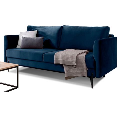 Canapé convertible en velours ROBBY – Rangement et pieds métal noir-Bleu nuit (1/5)