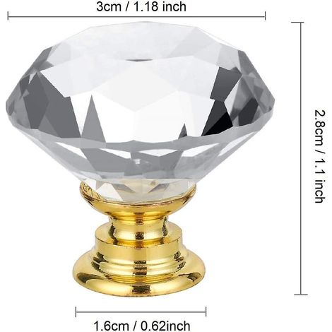 20 X Poigne Bouton De Porte Placard Meuble Tiroir - Diamant En Verre Cristal Clair + Base En Or - 30mm (1/4)