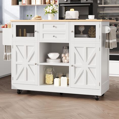 Îlot de cuisine, desserte avec plan de travail, buffet, desserte finition bois, porte-serviettes latéral, portes de placard tridimensionnelles à roulettes, cloisons réglables, blanc (1/5)