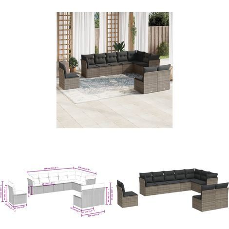 vidaXL Salon de jardin avec coussins 10 pcs gris résine tressée (1/3)