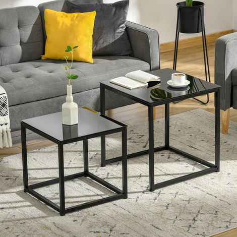 Set de 2 Tables Basses Carrées Modernes, en Acier et Verre Trempé, Noir (1/5)