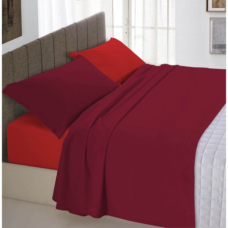 Set Lenzuola Letto Singolo Cotone Natural Color, lavorato in Italia - Completo Letto, Lenzuolo Sotto con Angoli, Telo Sopra 90x200cm e Federa con Patella Interna, Bordeaux/rosso (1/4)